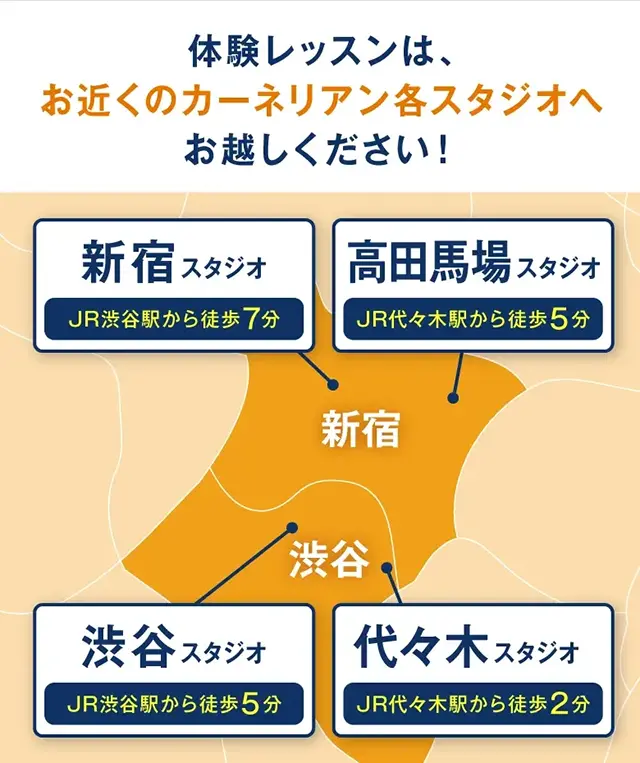 体験レッスンは、お近くのカーネリアン各スタジオへお越しください！