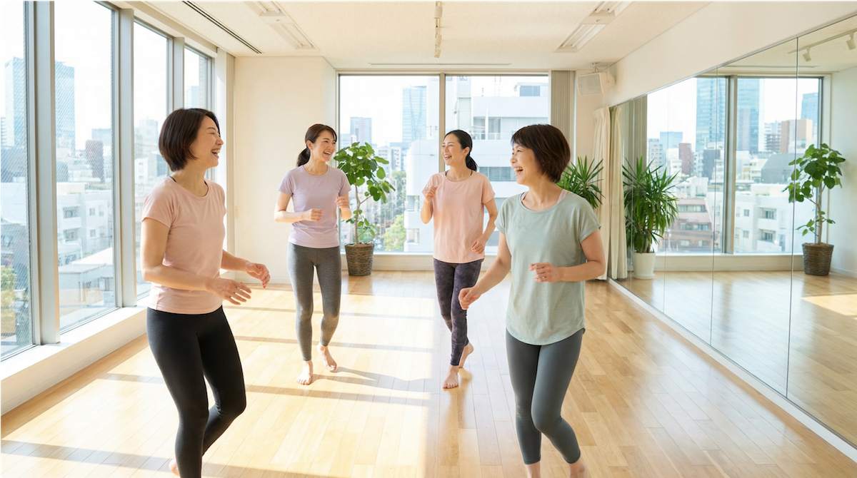 40代からダンスを始めた会員がレッスンで楽しく踊る様子