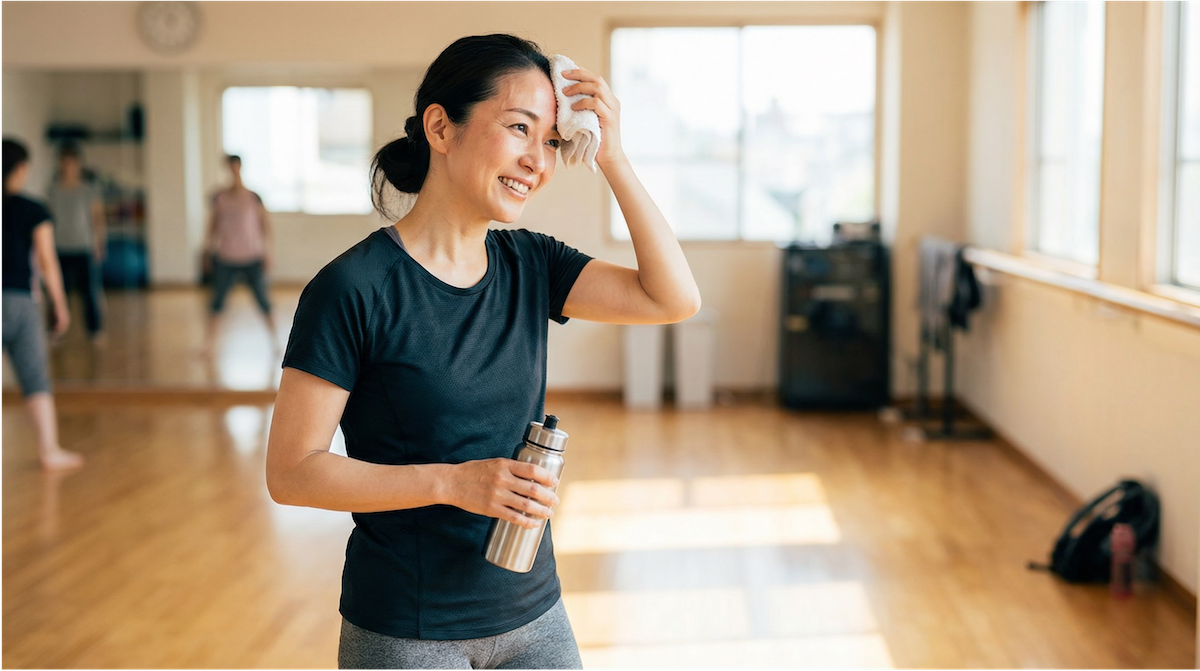 ダンスレッスン後に笑顔を見せる40代の会員