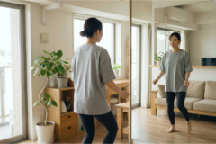 自宅でスマホを見ながら軽くダンスの練習をしている大人女性のイメージ